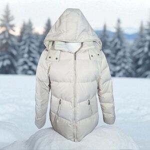 Puffer Jacket Ivory Quality Cozy Warm Cream Down Filled Hooded zip Up Sz L